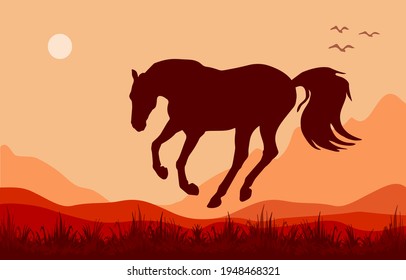 afiche, silueta oscura aislada y realista de un caballo galopando contra el cielo en tono naranja