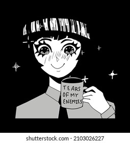 Poster with an dark-haired anime girl holding a cup of tea with the text "Tears of my enemies". Black and white manga-style character for an ironic funny t-shirt print.