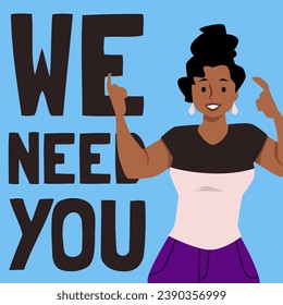Poster of a dark-skinned woman showing a gesture with her index fingers, vector illustration in flat cartoon style. Motivational banner with happy female character. Card for design