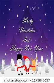 Poster Day Christmas and Happy New Year vintage. As for writing postcards or greetings for the New Year festival. With Santa Claus,reindeer and snow man for happiness for your friend.