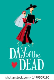 Poster Day of the Dead. Beautiful couple of skeletons dancing slow dance. Vector full color graphics