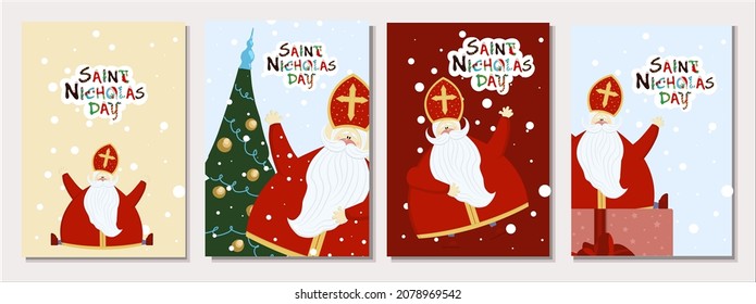 Poster for the Day of St. Nicholas. Sinterklaas eve. Winter Christian holiday. Postcard or banner. St. Nicholas. Vector illustration.