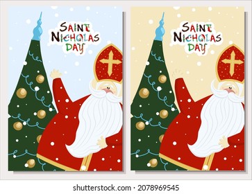Poster for the Day of St. Nicholas. Sinterklaas eve. Winter Christian holiday. Postcard or banner. St. Nicholas. Vector illustration.