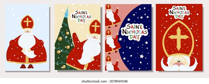 Poster for the Day of St. Nicholas. Sinterklaas eve. Winter Christian holiday. Postcard or banner. St. Nicholas. Vector illustration.