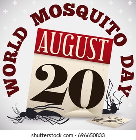 Poster with dead mosquitoes, old loose-leaf calendar and a draw of malaria's parasite to commemorate World Mosquito Day in August 20.