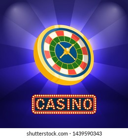 Poster decorated by casino signboard with lightbulbs, roulette 3d view. Label of gambling industry, spinning wheel, business success, fortune symbol vector
