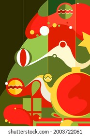 Afiche con un árbol de navidad decorado. Diseño de postales en estilo abstracto.
