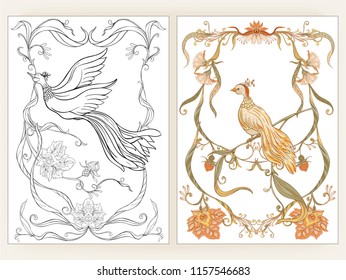 Poster with decorative flowers and bird in art nouveau style, vintage, retro style. Vector illustration. Outline hand drawing. Good for coloring page for the adult coloring book with colored sample