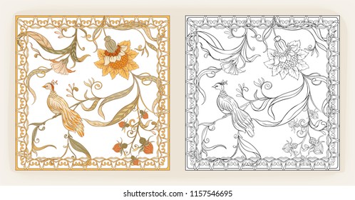 Poster with decorative flowers and bird in art nouveau style, vintage, retro style. Vector illustration. Outline hand drawing. Good for coloring page for the adult coloring book with colored sample