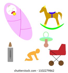 a poster dedicated to a newborn, a set of children's things, a toy horse
