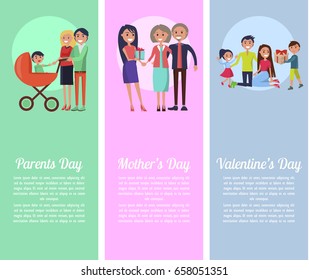 Poster dedicated to Parents', Mother's, Valentine's Days. Vector illustration of families and how they celebrate these special occasions