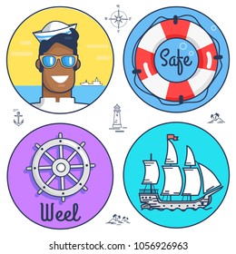 Poster dedicated to set of marine circle icons. Vector illustration of sailor, lifesaver, wheel and ship along with other smaller object