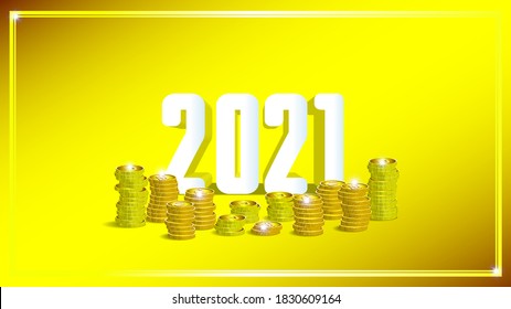 Poster dedicated to the winter holiday new year and christmas 2021. 3d numbers and stacks of gold coins of different currencies of the world. Tokens with a square hole, dollars, pounds and euros EPS10