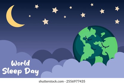 A poster dedicated to the World Sleep Day holiday. Planet Earth sleeps on clouds