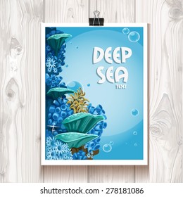 Poster with the deep sea anemones in the binder on the background of wood texture