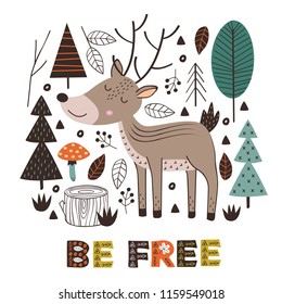 poster deer in forest Scandinavian style