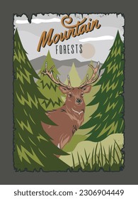 Poster with deer in forest. Summer landscape with herbivore, green pines and trees. Mountains, scenery, wildlife. Mammal with horns lives in national park reserve. Cartoon flat vector illustration