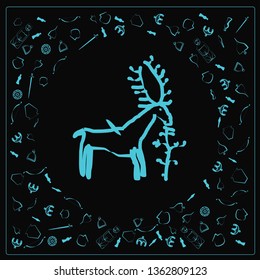 Poster deer on black background. The animal was hit by an arrow. A lot of Antiques around: weapons, household items, jewelry. Square format. 