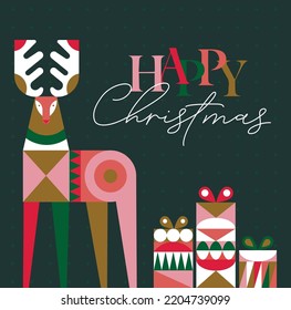 Poster deer and present box in cubism style with lettering happy Christmas drawing on green background
