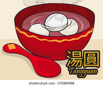 Poster with delicious bowl with spoon and tangyuan desserts in boiling water ready to be served in special holidays.