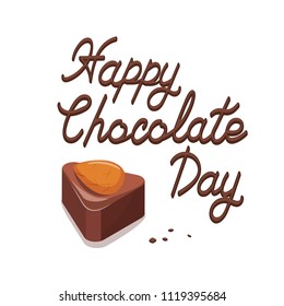 Poster with delicious cocoa text, ready to celebrate a happy and delicious chocolate day. Big almond nut. Stock vector. Cartoon style.
