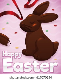 Poster with delicious easter bunny covered in chocolate, ribbons and confetti ready for the Hunt in Easter season.