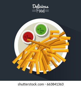 poster delicious food in black background with dish of fries with sauces