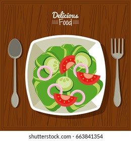 poster delicious food in kitchen table background and cutlery with dish of salad of vegetables