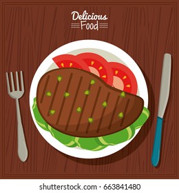 poster delicious food in kitchen table background and cutlery with dish of grilled meat with vegetables