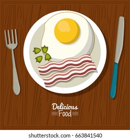 poster delicious food in kitchen table background and cutlery with dish of fried egg with bacon