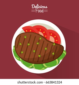 poster delicious food in purple background with dish of grilled meat with vegetables
