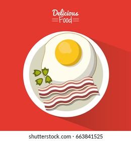 poster delicious food in red background with dish of fried egg with bacon