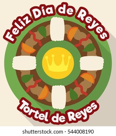 Poster with delicious fresh baked Spanish tortell view ready for "Dia de Reyes" or Epiphany celebration in flat style.