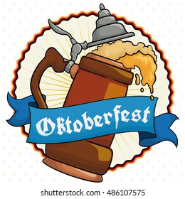 Poster with delicious frothy beer served in a traditional stein with a greeting ribbon around it to commemorate Oktoberfest.