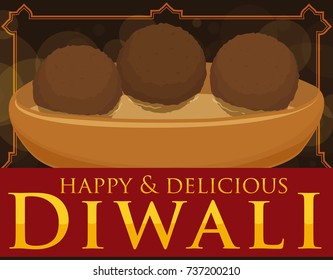 Poster with a delicious Gulab jamun soaked in syrup floating inside in a bowl to celebrate a happy Diwali.