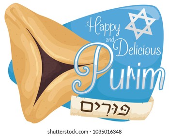 Poster with delicious Hamantash cookie over a greeting sign with a David's star and a scroll to celebrate Jewish holiday of Purim (written in Hebrew).