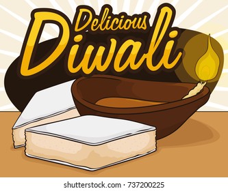 Poster with a delicious Indian dessert called Kaju Katari covered with edible silver foil and lighted Diya over dark sign to celebrate Diwali Festival.