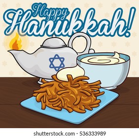 Poster with delicious latke with sour cream and traditional oil lamp for Hanukkah celebration.