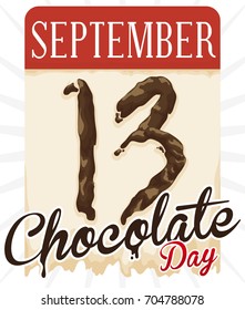 Poster with delicious loose-leaf calendar made out of white chocolate with a tasty liquid number thirteen drawn in it to celebrate Chocolate Day in September.