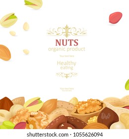 poster with delicious nuts on white background for your design