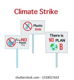 Poster demonstrating for Climate Strike, isolated on white background. Vector Illustration. Plastic Ban, Go Green, Zero Waste Concept.