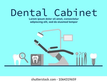 Poster of dental cabinet with dentist chair lamp dental instrument and symbols of clinic services. Flat style design vector illustration. Isolated on light blue background. Place for text