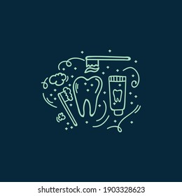 Poster of dental cleaning tools. Hand-drawn in the style of doodle dentistry. Toothbrush, toothpaste and dental floss, teeth. Vector illustration