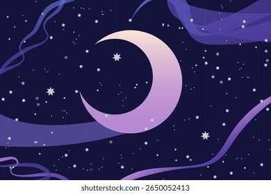 A poster depicting the cosmos. Purple moon on a starry background. Vector illustration