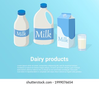 A Poster Depicting Dairy Products.Fresh Milk In Bags And Bottles And A Full Glass Of Milk.An Image In A Hand-drawn Style.