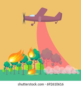 Poster depicting forest fire, vector illustration of purple plane trying to put out burning trees and grass against light brown background