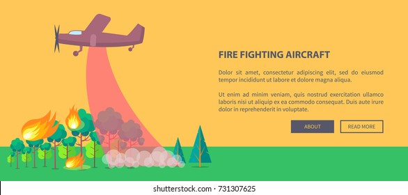 Poster depicting forest fire, vector illustration of purple plane trying to put out burning trees and grass against light brown background web banner