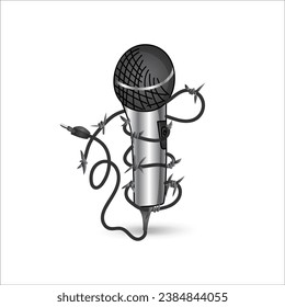 A poster depicting freedom of speech. Illustration of a microphone with a barbed wire sound port cable. Music-themed cartoon designs for t-shirts