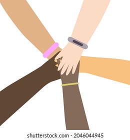 A poster depicting the hands of people of different nationalities stacked together. Vector illustration.