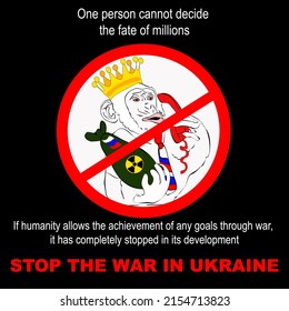 Poster depicting a monkey with a bomb calling for an end to the war in Ukraine. illustration with a call to stop the war